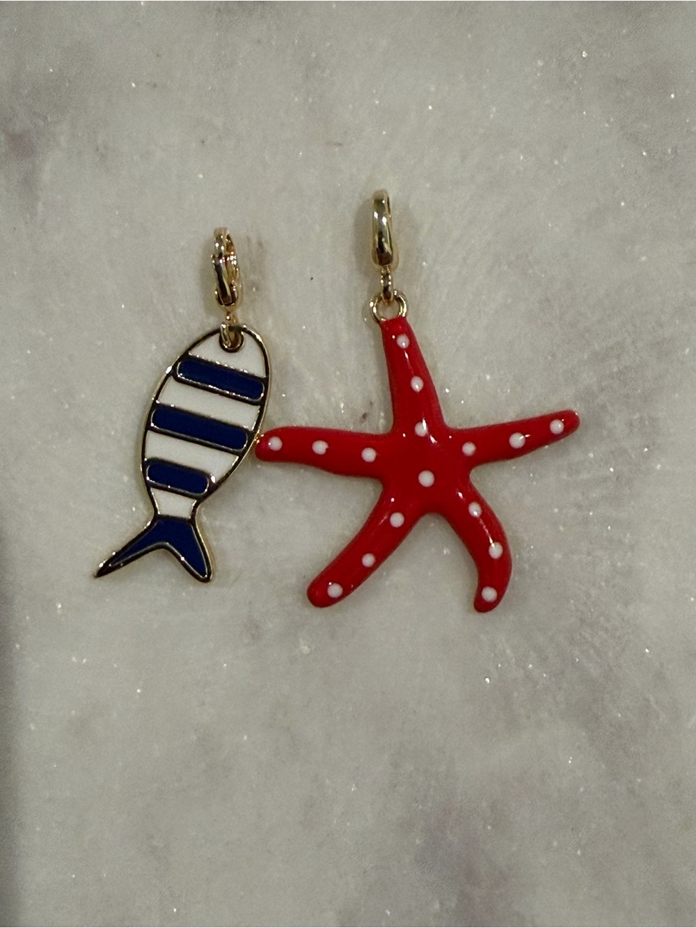 Gold filled Red enamel Starfish & Blue Striped Fish Charm pendant Set